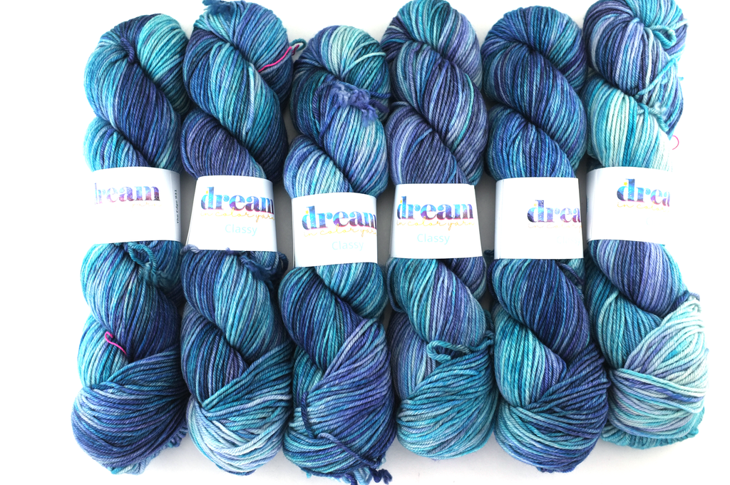 Dream in Color Classy color The Edge 931, worsted weight superwash wool knitting yarn, teals, blues pale purple