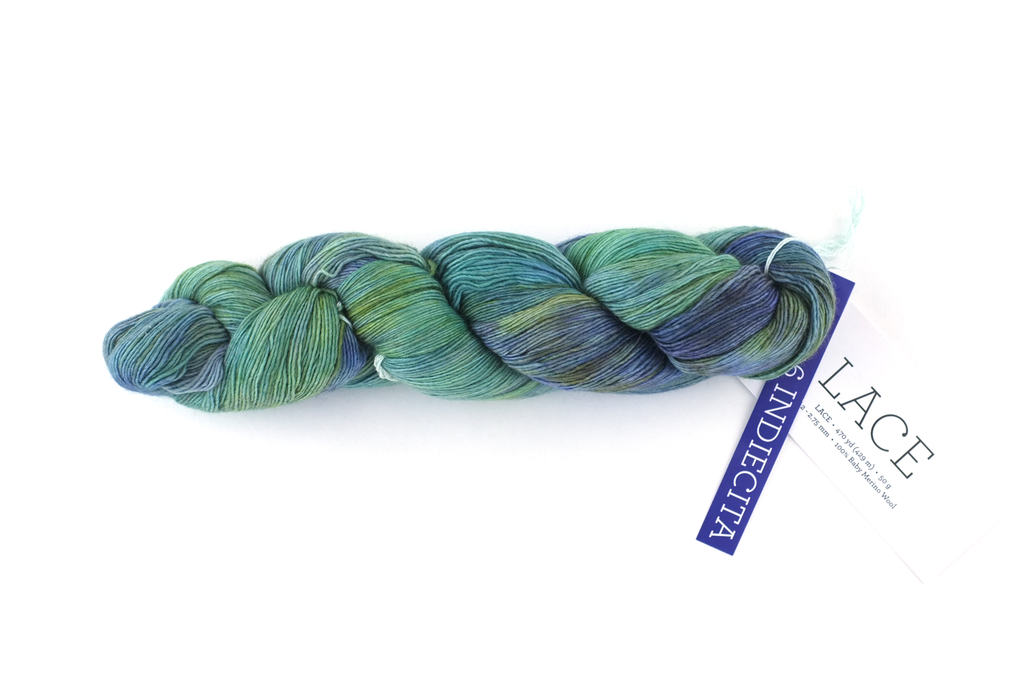 Malabrigo Lace in color Indiecita, Lace Weight Merino Wool Knitting Yarn, greens, blues, purple, #416