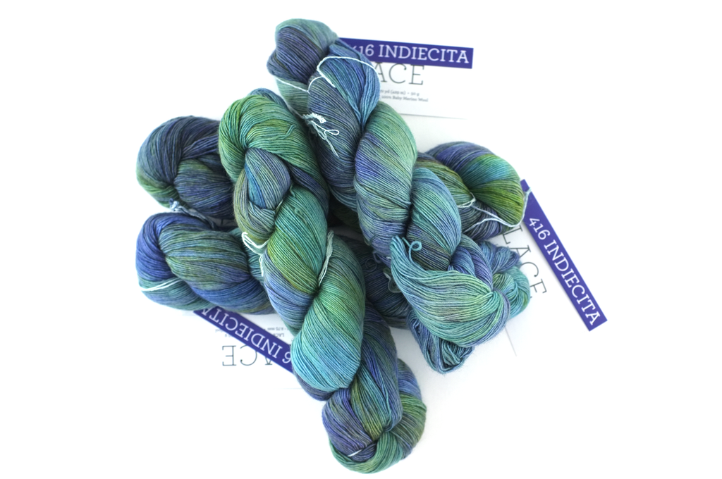 Malabrigo Lace in color Indiecita, Lace Weight Merino Wool Knitting Yarn, greens, blues, purple, #416