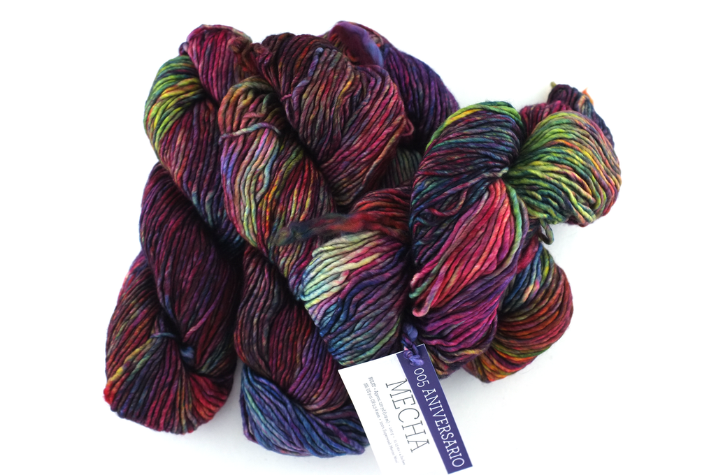 Malabrigo Mecha in color Aniversario, Merino Wool Bulky Weight Knitting Yarn, brights and darks reds and blues, #005 from Purple Sage Yarns