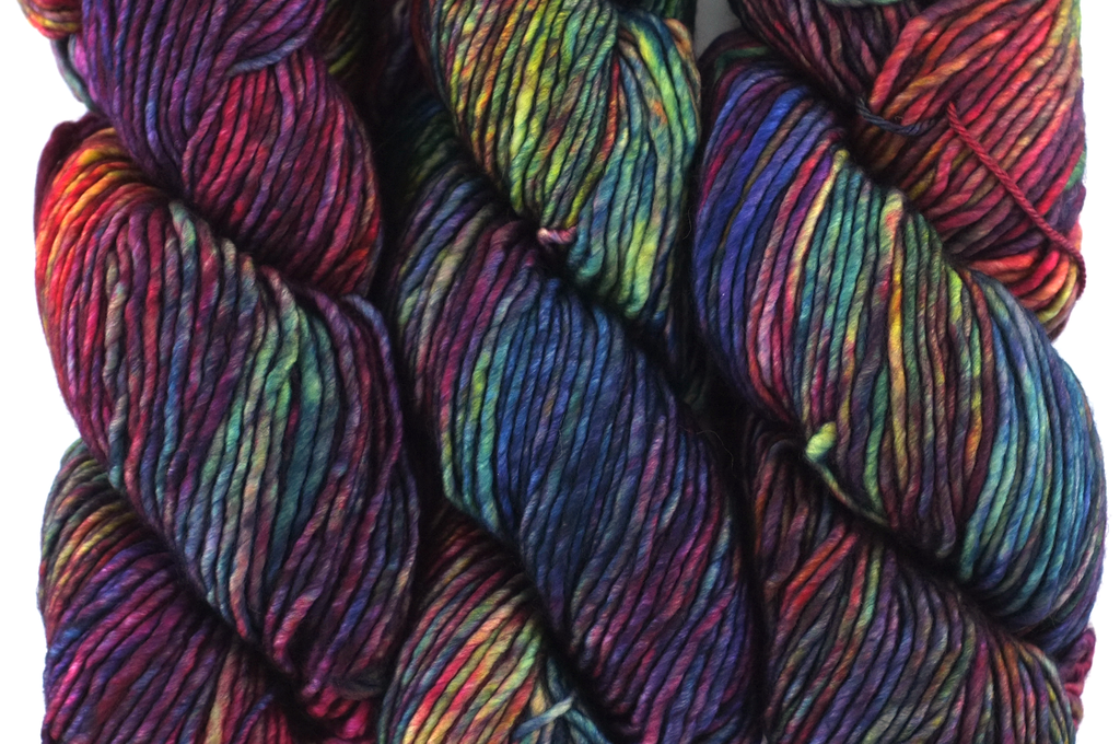 Malabrigo Mecha in color Aniversario, Merino Wool Bulky Weight Knitting Yarn, brights and darks reds and blues, #005 from Purple Sage Yarns