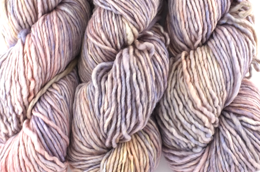 Malabrigo Mecha in color Zelda, Bulky Weight Merino Wool Knitting Yarn, pale peach, lavender, #332 from Purple Sage Yarns