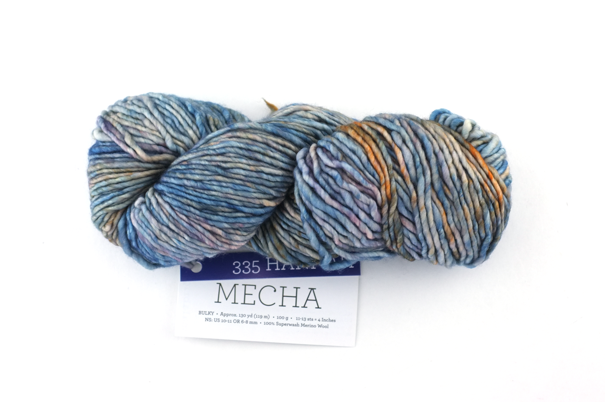 Malabrigo Mecha in color Hannah, Bulky Weight Merino Wool Knitting Yarn, blues, orange, peach, #335 from Purple Sage Yarns