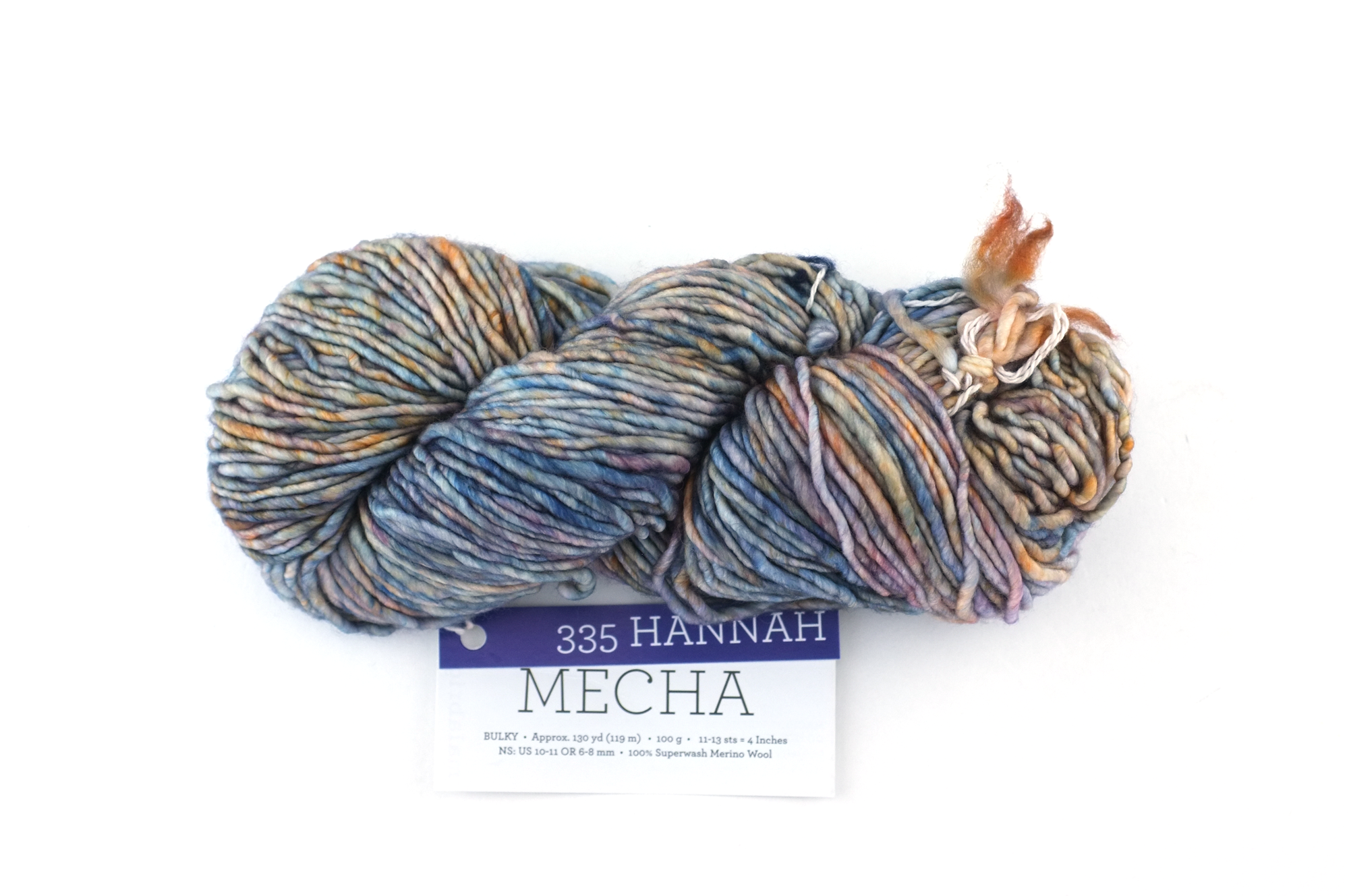 Malabrigo Mecha in color Hannah, Bulky Weight Merino Wool Knitting Yarn, blues, orange, peach, #335 from Purple Sage Yarns