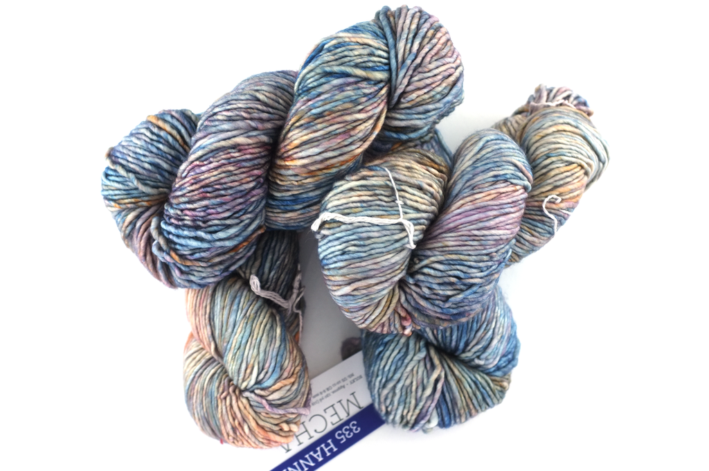 Malabrigo Mecha in color Hannah, Bulky Weight Merino Wool Knitting Yarn, blues, orange, peach, #335 from Purple Sage Yarns