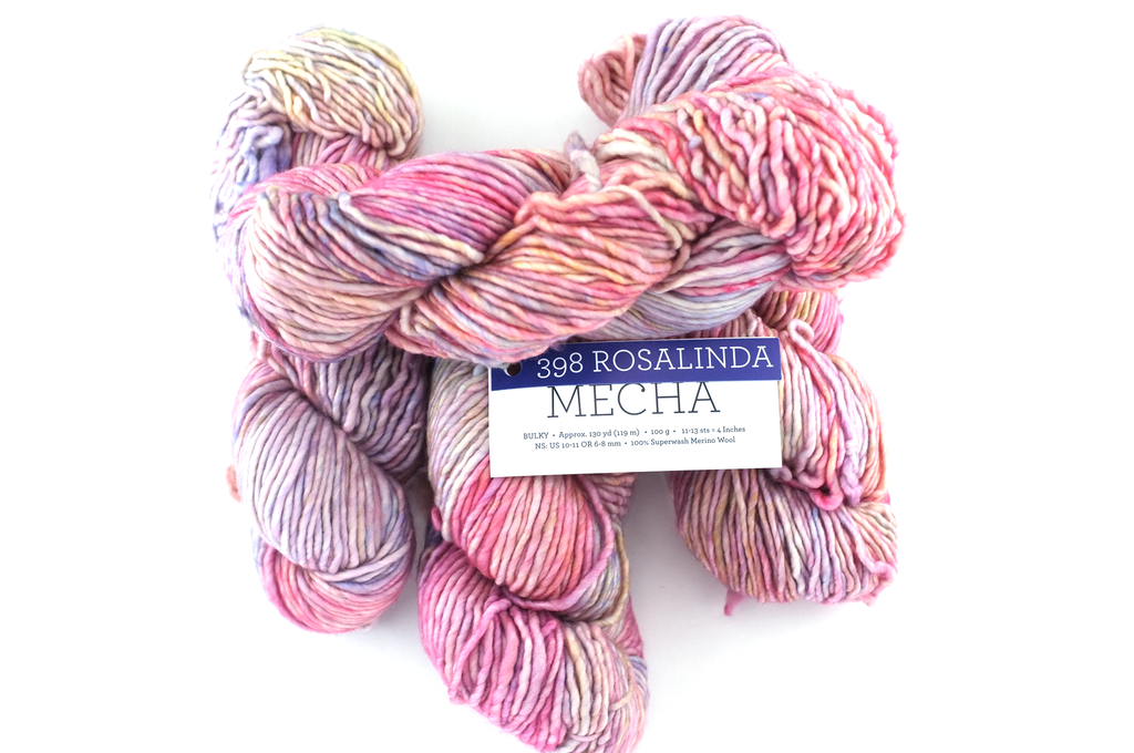 Malabrigo Mecha in color Rosalinda, Merino Wool Bulky Weight Knitting Yarn, pastel pinks, peaches, #398 from Purple Sage Yarns