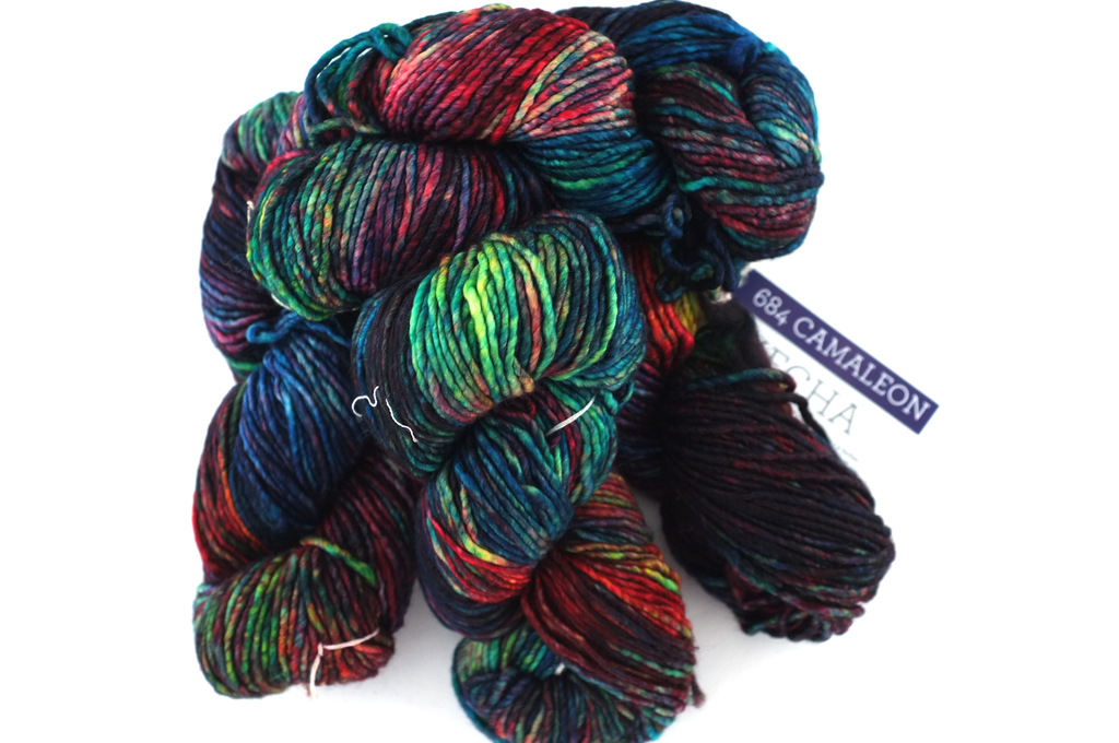 Malabrigo Mecha in color Camaleon, Merino Wool Bulky Weight Knitting Yarn, greens, blues, #684