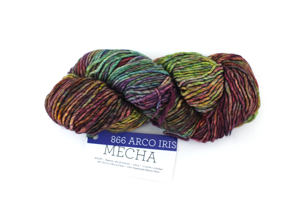 Malabrigo Mecha in color Arco Iris, Bulky Weight Merino Wool Knitting Yarn, dark rainbow shades, #866