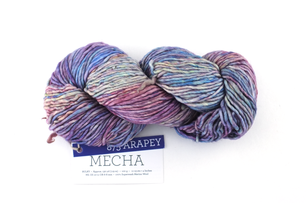 Malabrigo Mecha in color Arapey, Bulky Weight Merino Wool Knitting Yarn, blues, purples, #875 from Purple Sage Yarns