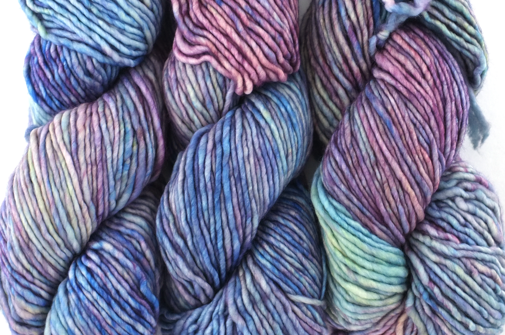 Malabrigo Mecha in color Arapey, Bulky Weight Merino Wool Knitting Yarn, blues, purples, #875 from Purple Sage Yarns