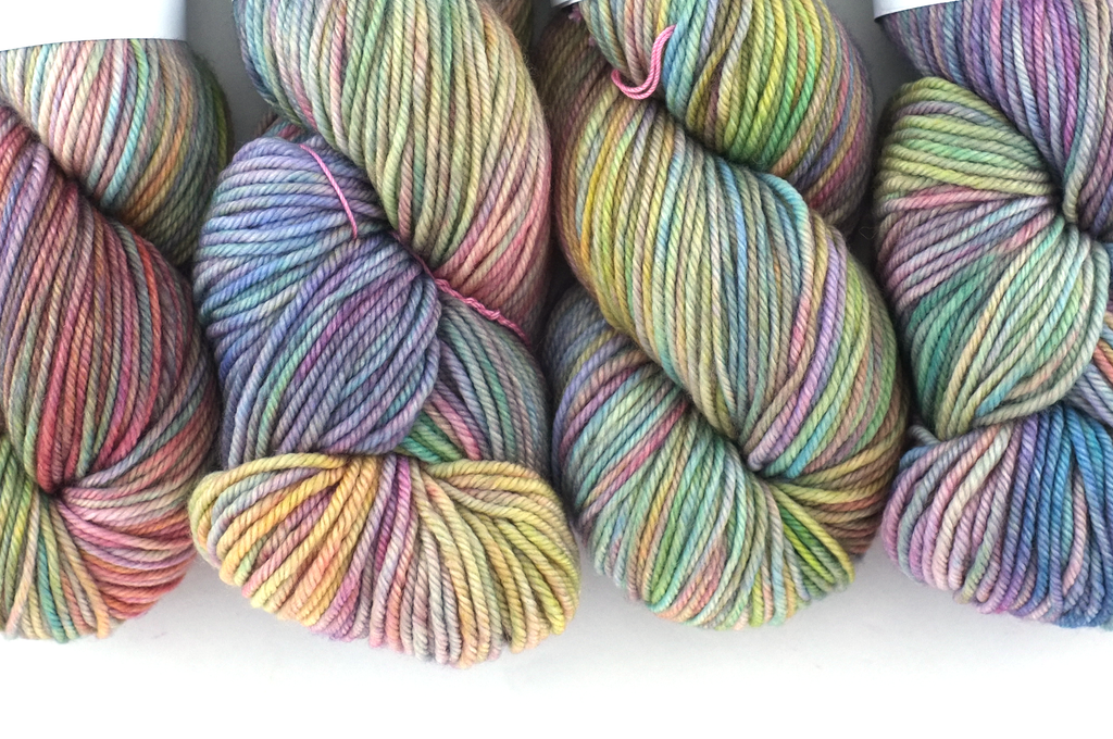 Dream in Color Classy Milky Spite 608, worsted weight superwash wool knitting yarn, pale rainbow, blues, lilac, pink