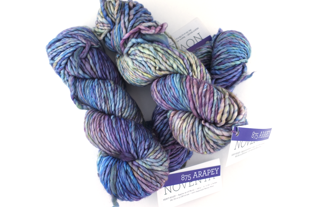 Malabrigo Noventa in color Arapey, Merino Wool Super Bulky Knitting Yarn, machine washable, watery blues and purples, #875
