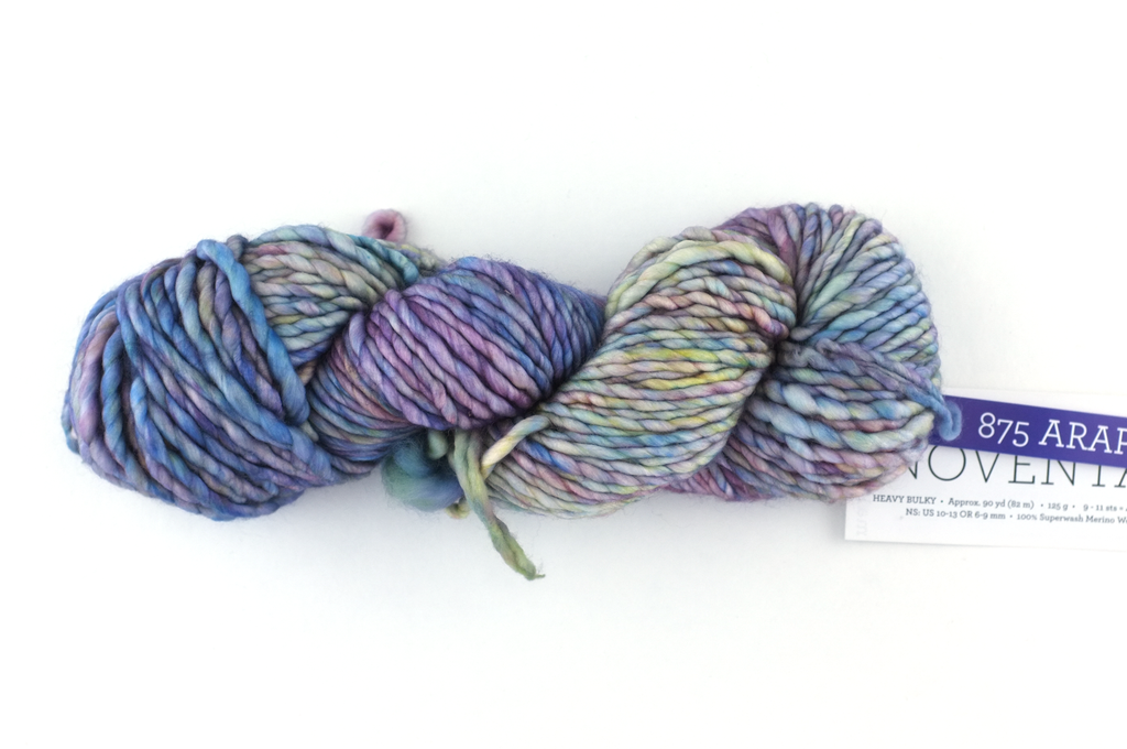 Malabrigo Noventa in color Arapey, Merino Wool Super Bulky Knitting Yarn, machine washable, watery blues and purples, #875