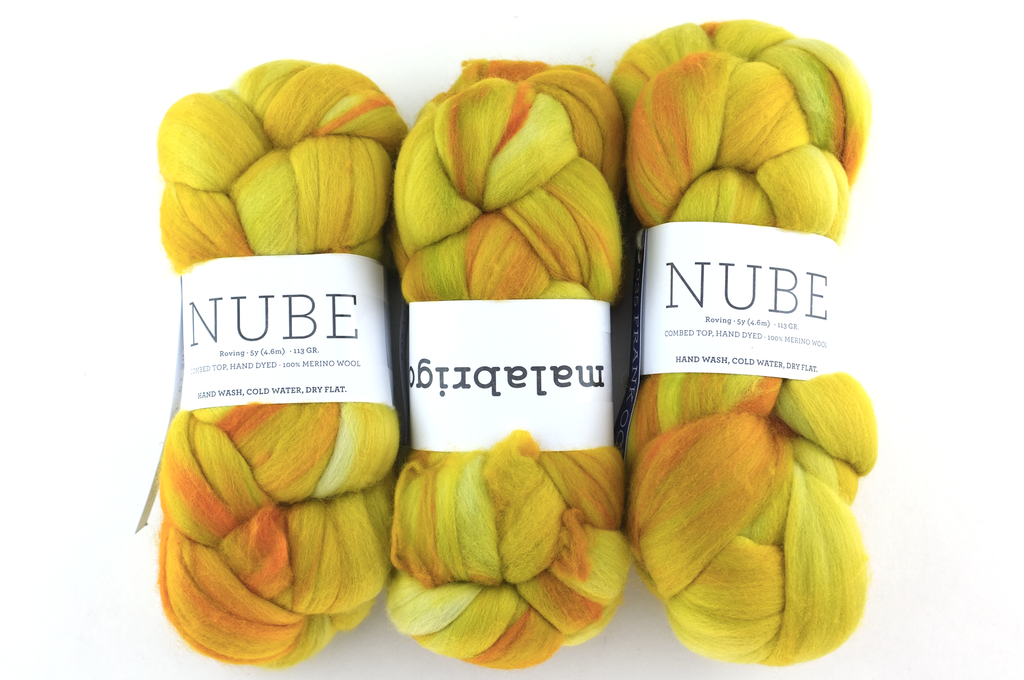 Malabrigo Nube, Frank Ochre, ochre yellow, orange, color 035, merino spinning fiber from Purple Sage Yarns