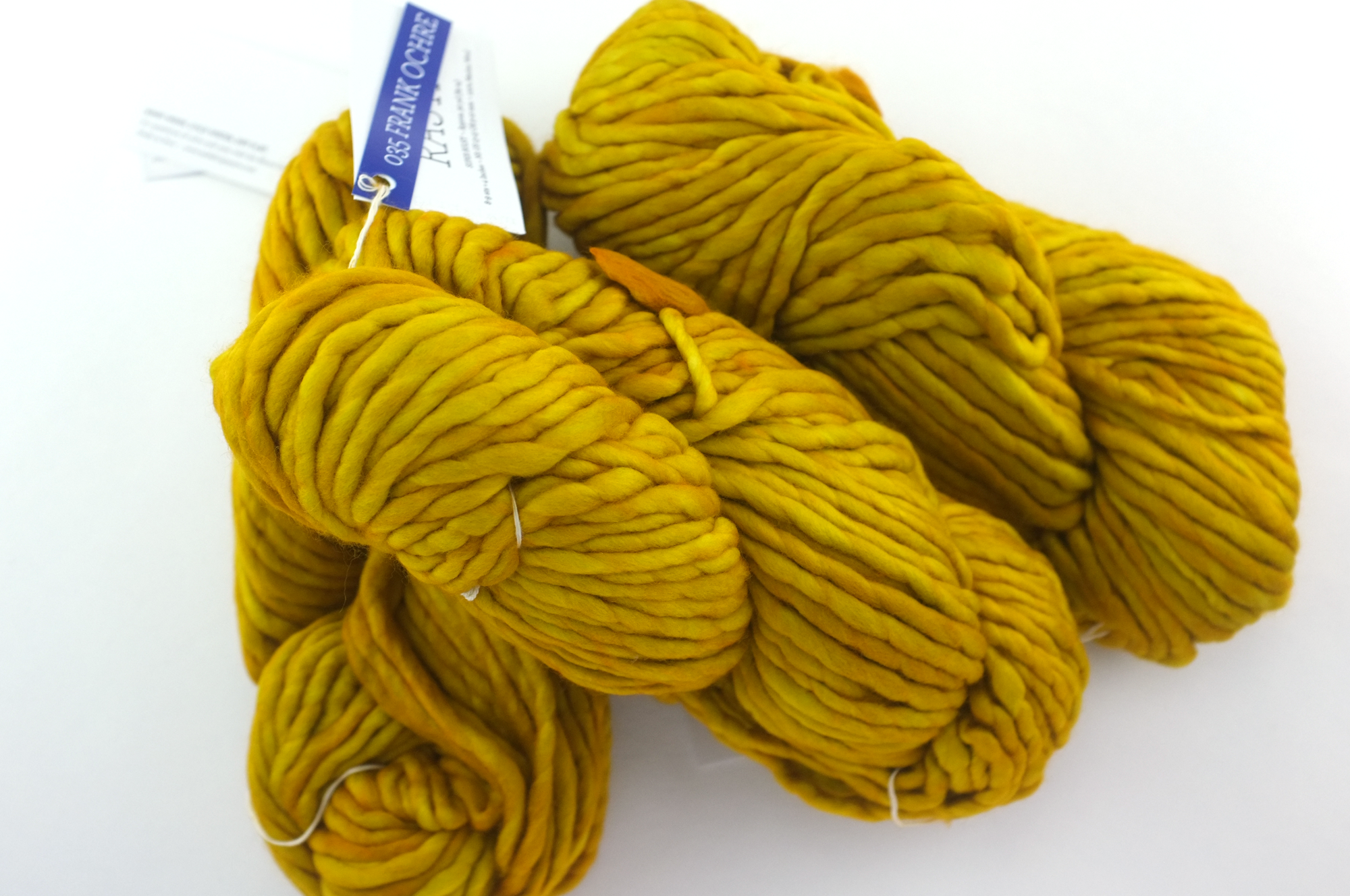 Malabrigo Rasta in color Frank Ochre, Super Bulky Merino Wool Knitting Yarn, gorgeous ochre yellow, #035 from Purple Sage Yarns