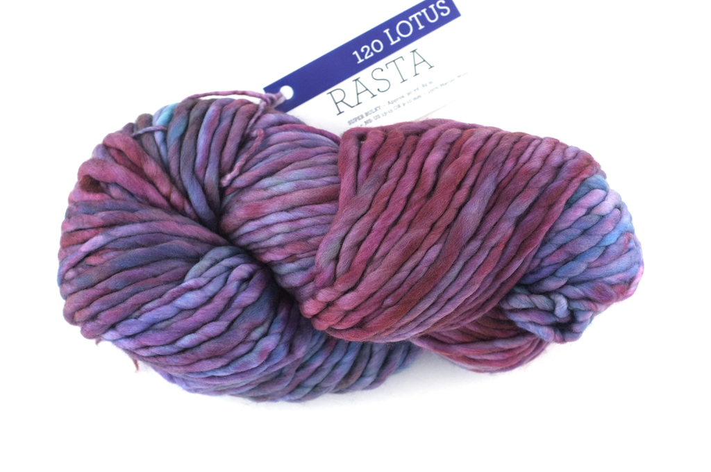 Malabrigo Rasta in color Lotus, Super Bulky Merino Wool Knitting Yarn, crimson, blues, rose, #120 from Purple Sage Yarns