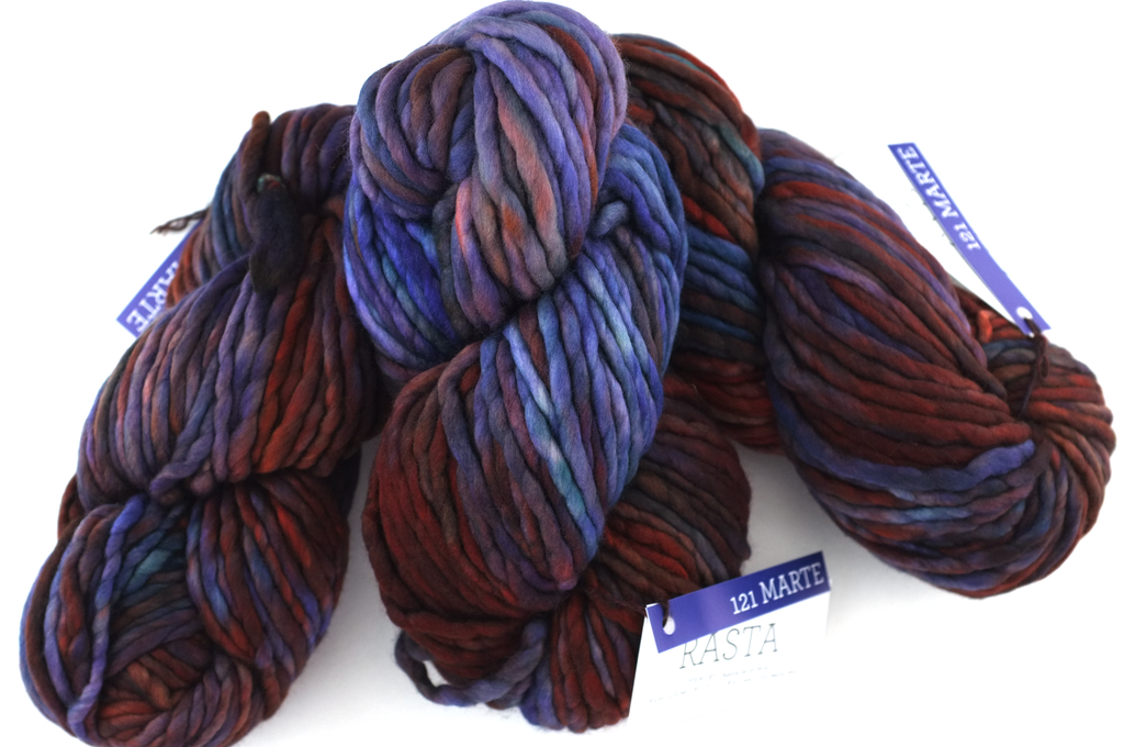 Malabrigo Rasta in color Marte, Super Bulky Merino Wool Knitting Yarn, deep red, blue, violet, #121