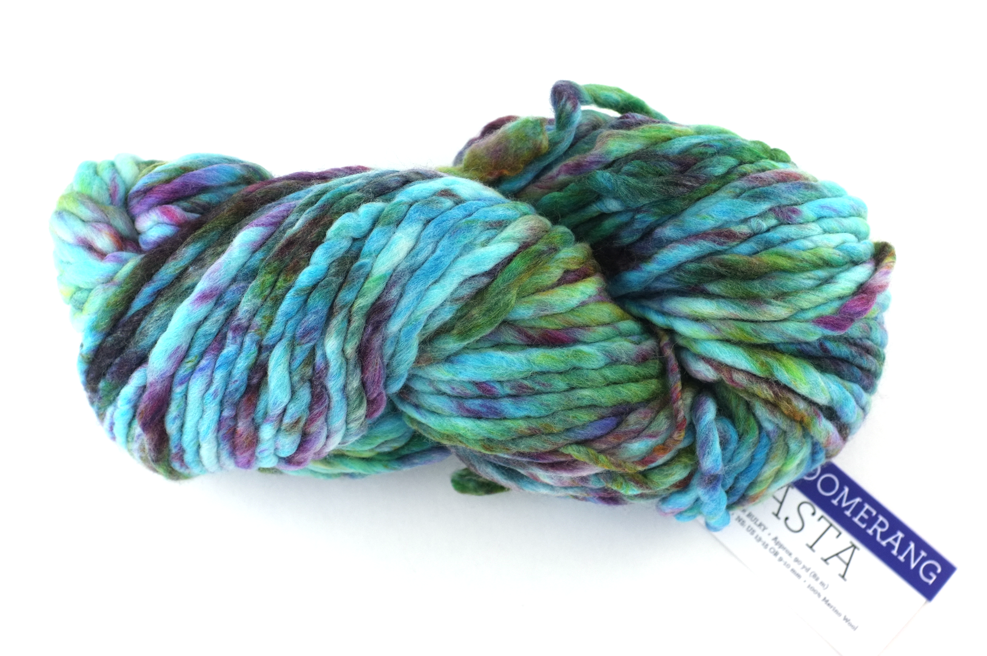 Malabrigo Rasta in color Boomerang, Super Bulky Merino Wool Knitting Yarn, turquoise, aqua, purple, #197 from Purple Sage Yarns