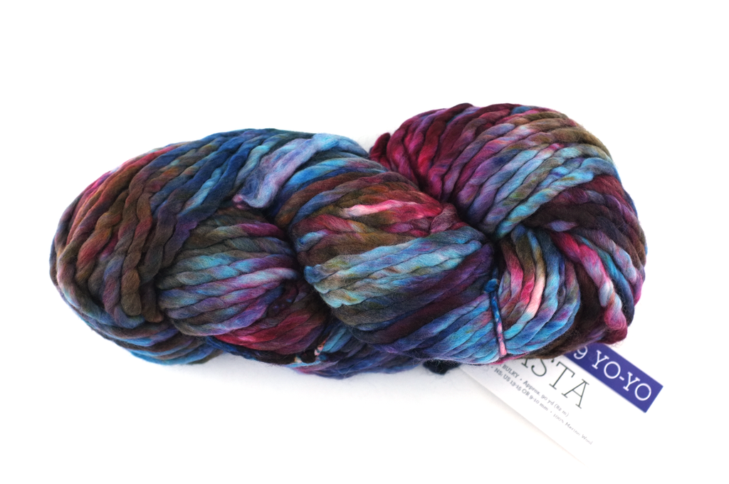 Malabrigo Rasta in color Yo-Yo, Super Bulky Merino Wool Knitting Yarn, aqua, blues, rose, brown, #199