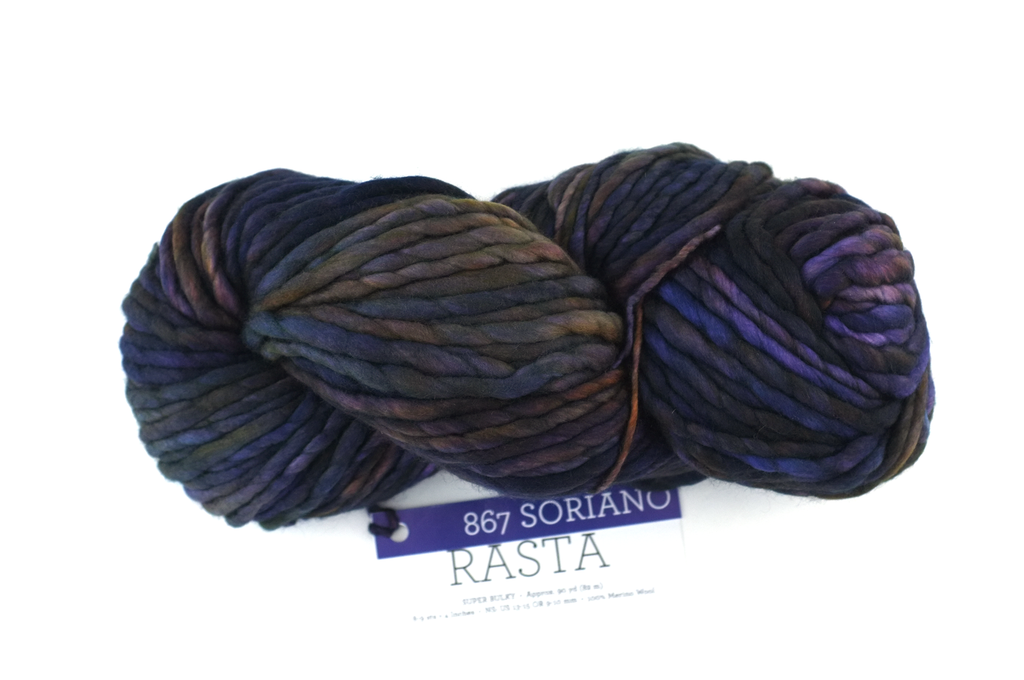 Malabrigo Rasta in color Soriano, Super Bulky Merino Wool Knitting Yarn, purple, olive, bronze, #867