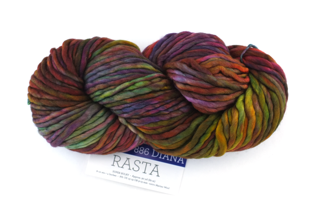 Malabrigo Rasta in color Diana, Super Bulky Merino Wool Knitting Yarn, red, green, chestnut, #886 from Purple Sage Yarns