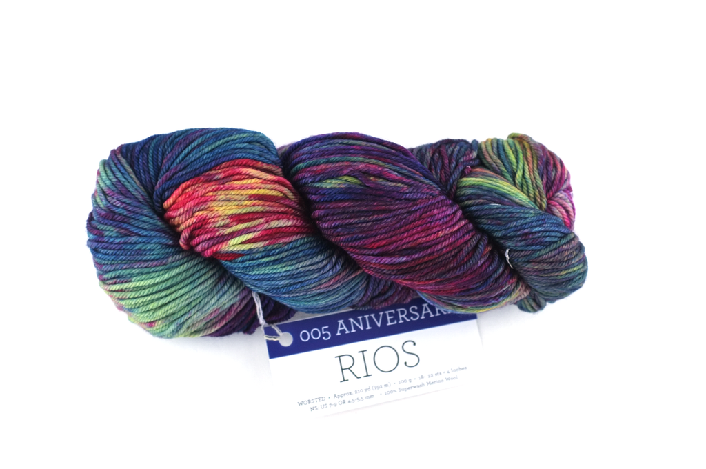 Malabrigo Rios in color Aniversario, merino wool worsted weight knitting yarn, red, purple, blue, #005