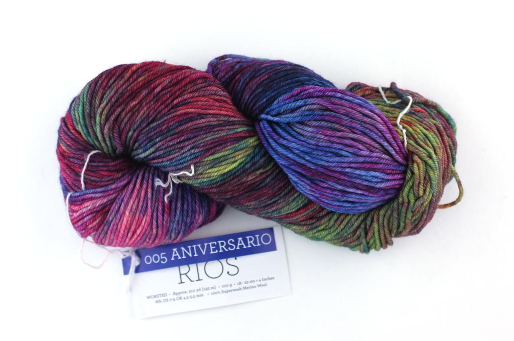 Malabrigo Rios in color Aniversario, merino wool worsted weight knitting yarn, red, purple, blue, #005