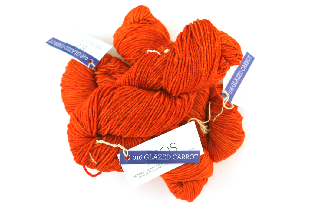 Malabrigo Rios in color Glazed Carrot, merino wool worsted weight knitting yarn, orange, #016
