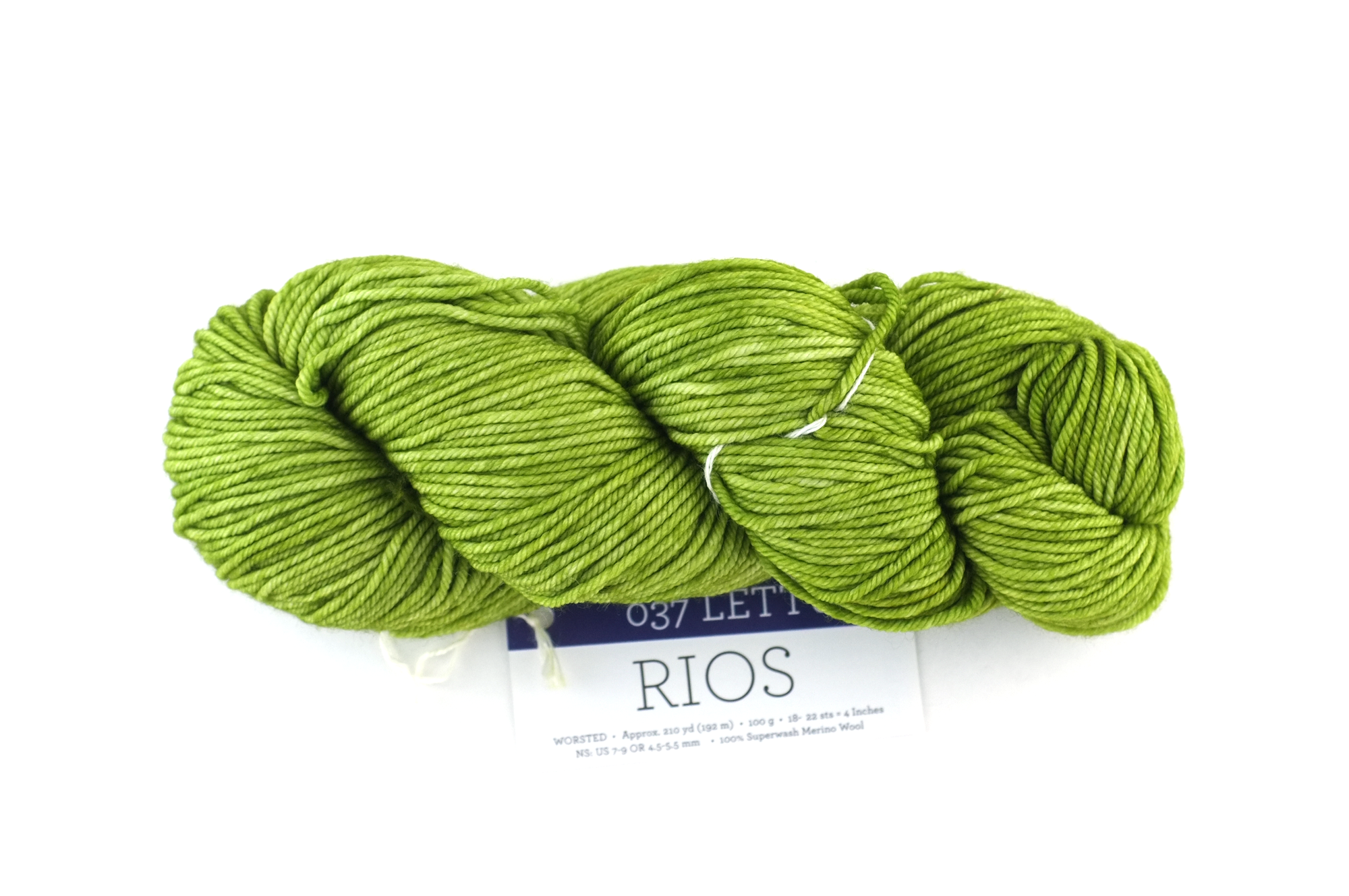 Malabrigo Rios yarn, color Lettuce, bright lettuce green, #037, superwash merino worsted weight knitting yarn from Purple Sage Yarns