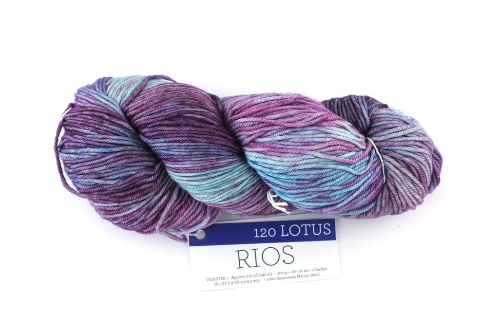 Malabrigo Rios in color Lotus, Merino Wool Worsted Weight Knitting Yarn, blue and rose, #120 from Purple Sage Yarns