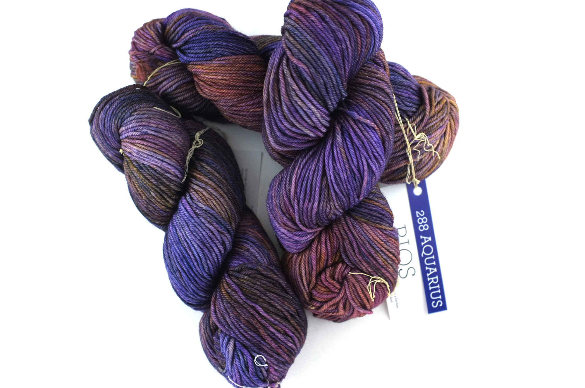 Malabrigo Rios in color Aquarius, Merino Wool Worsted Weight Superwash Knitting Yarn, purple, brown, #288