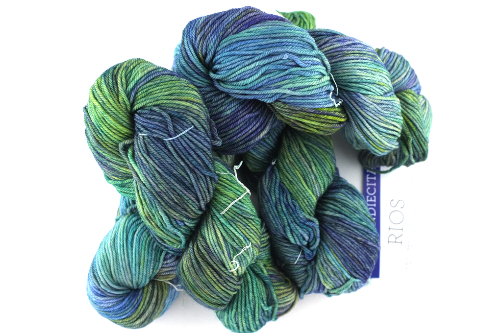 Malabrigo Rios in color Indiecita, Merino Wool Worsted Weight Knitting Yarn, blues, aquas, seaweed, #416