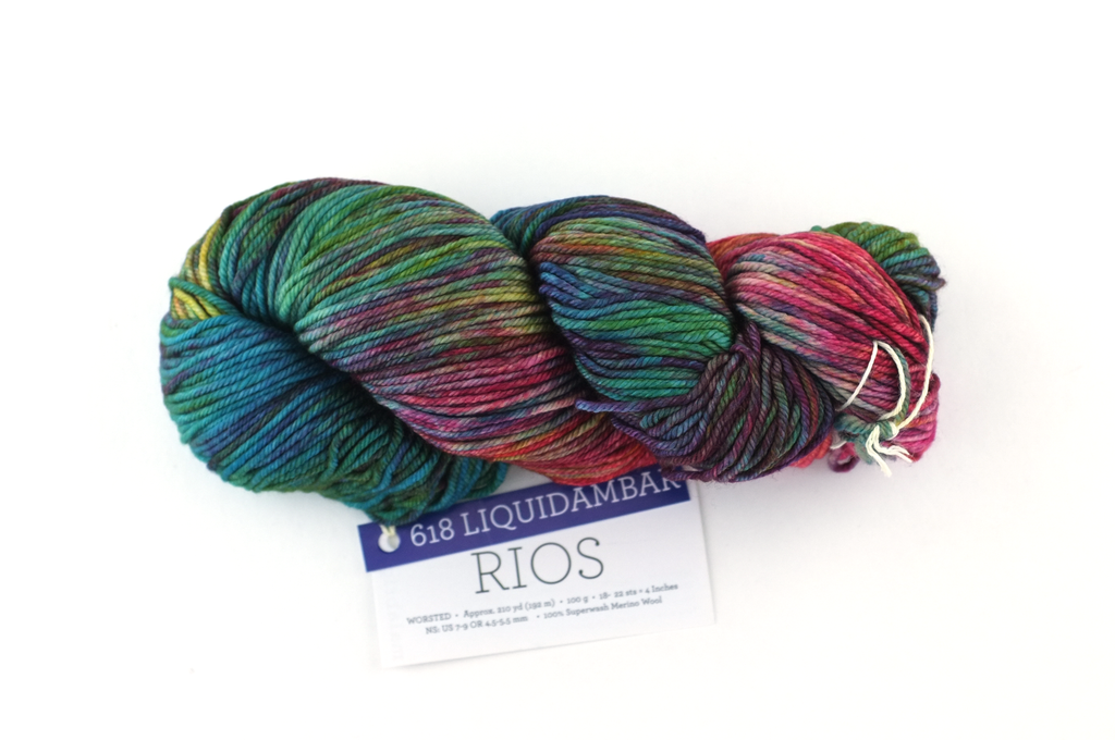 Malabrigo Rios in color Liquidambar, Merino Wool Worsted Weight Knitting Yarn, rust, teal, #618