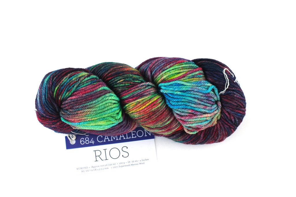 Malabrigo Rios in color Camaleon, Worsted Weight Superwash Merino Wool Knitting Yarn, deep rainbow shades, #684