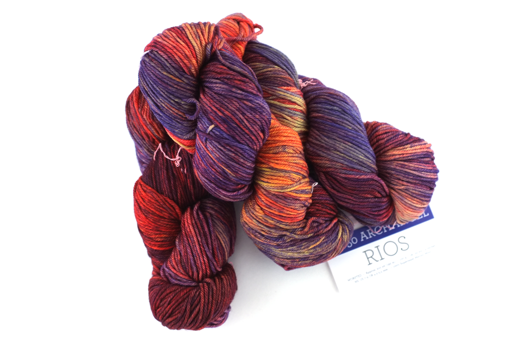 Malabrigo Rios in color Archangel, Worsted Weight Superwash Merino Wool Knitting Yarn, purple, vermilion, #850