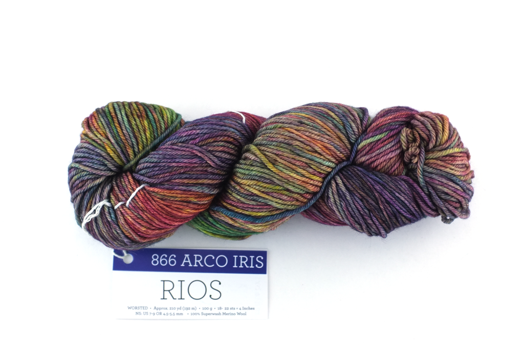 Malabrigo Rios in color Arco Iris, merino wool worsted weight knitting yarn, teal, magenta, and rainbow shades, #866 from Purple Sage Yarns