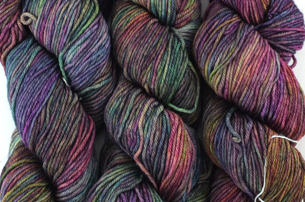 Malabrigo Rios in color Arco Iris, merino wool worsted weight knitting yarn, teal, magenta, and rainbow shades, #866 from Purple Sage Yarns