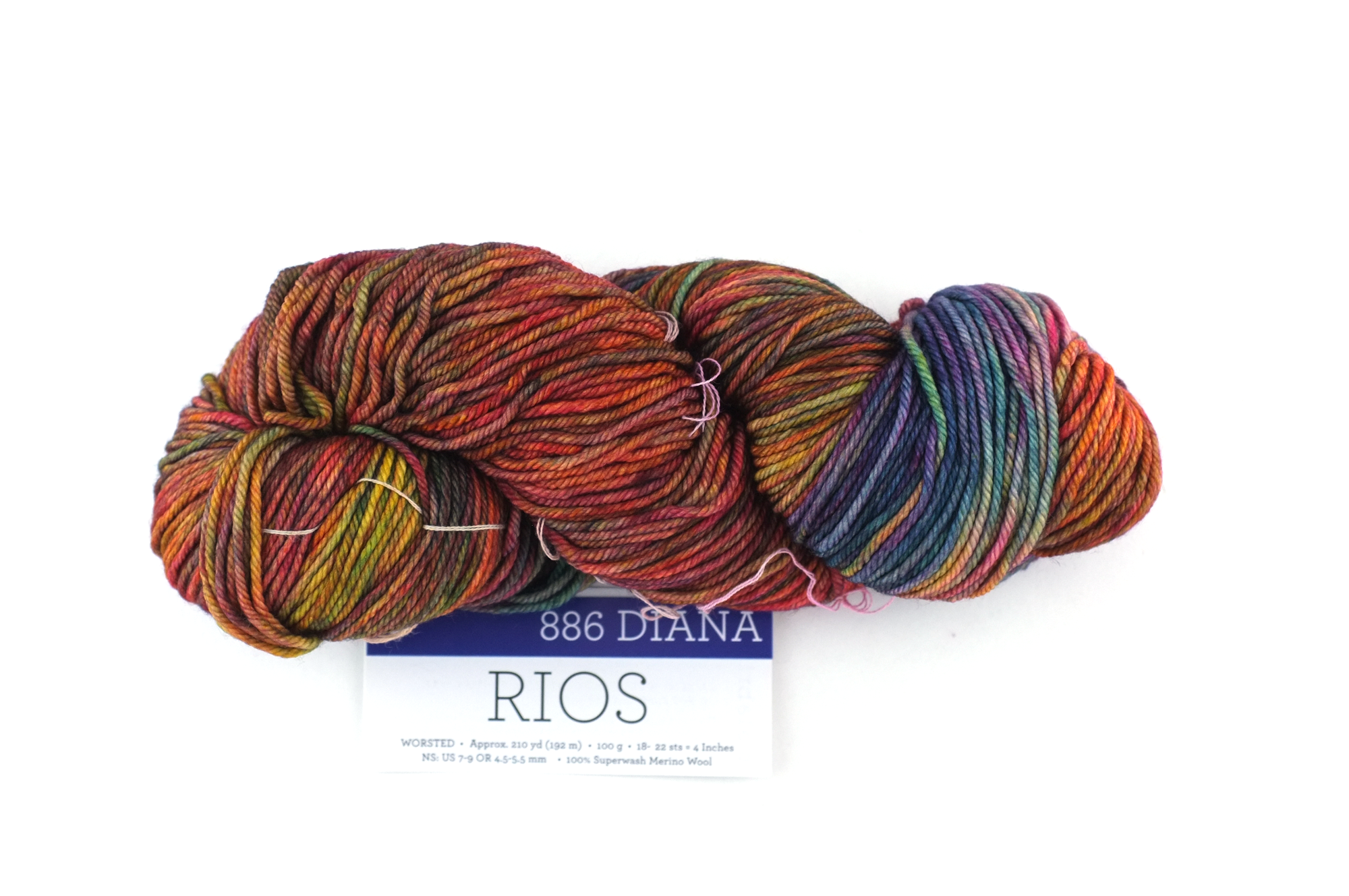 Malabrigo Rios in color Diana, merino wool worsted weight knitting yarn, red, green, chestnut, #886