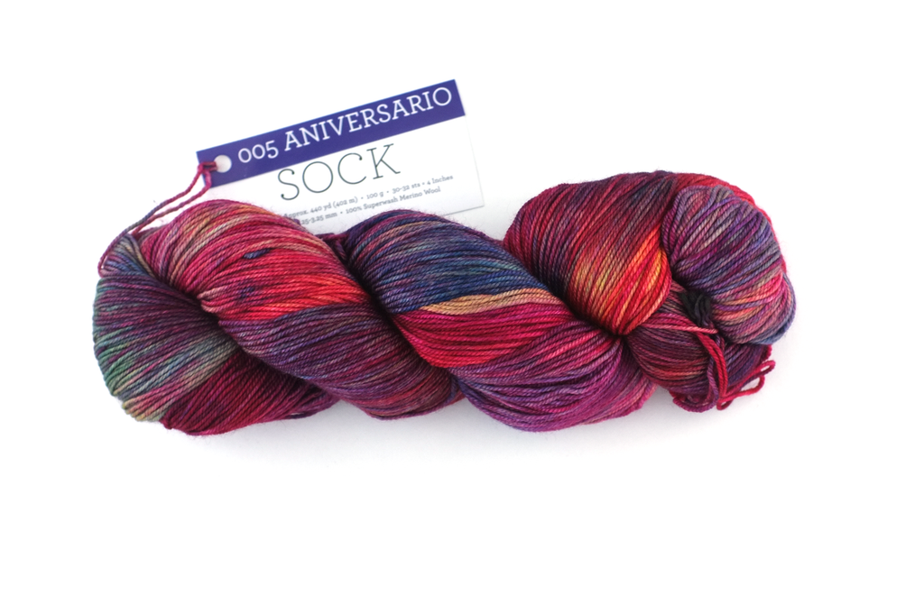 Malabrigo Sock in color Aniversario, Fingering Weight Merino Wool Knitting Yarn, reds, blues, rainbow, #005