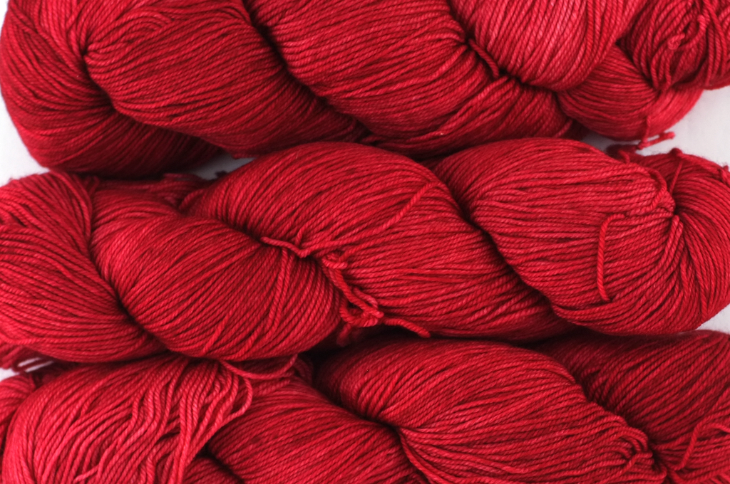 Malabrigo Sock merino yarn, color Ravelry Red, 611, pure red from Purple Sage Yarns