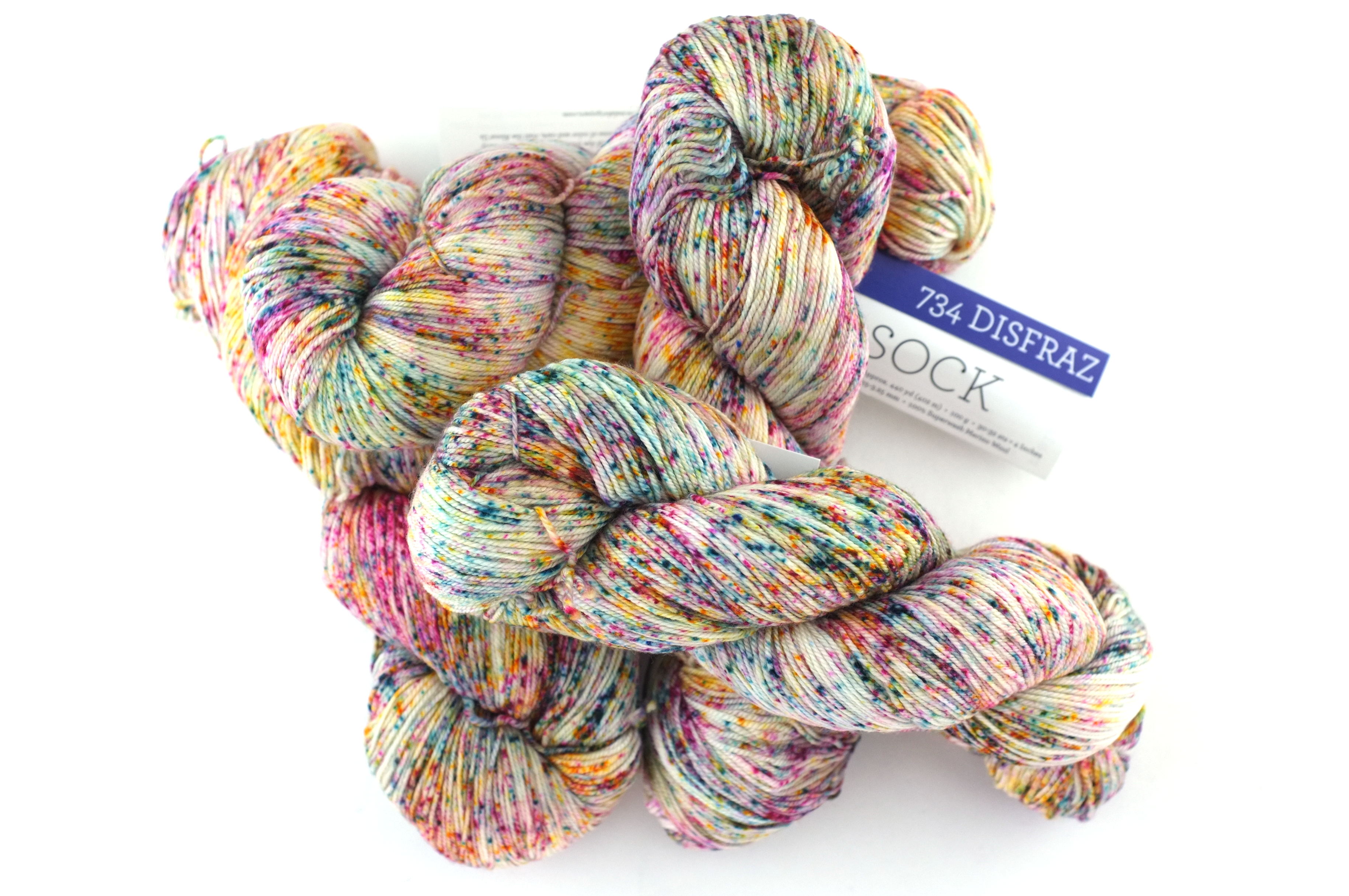 Malabrigo Sock merino yarn, color Disfraz, 734, speckle dyed