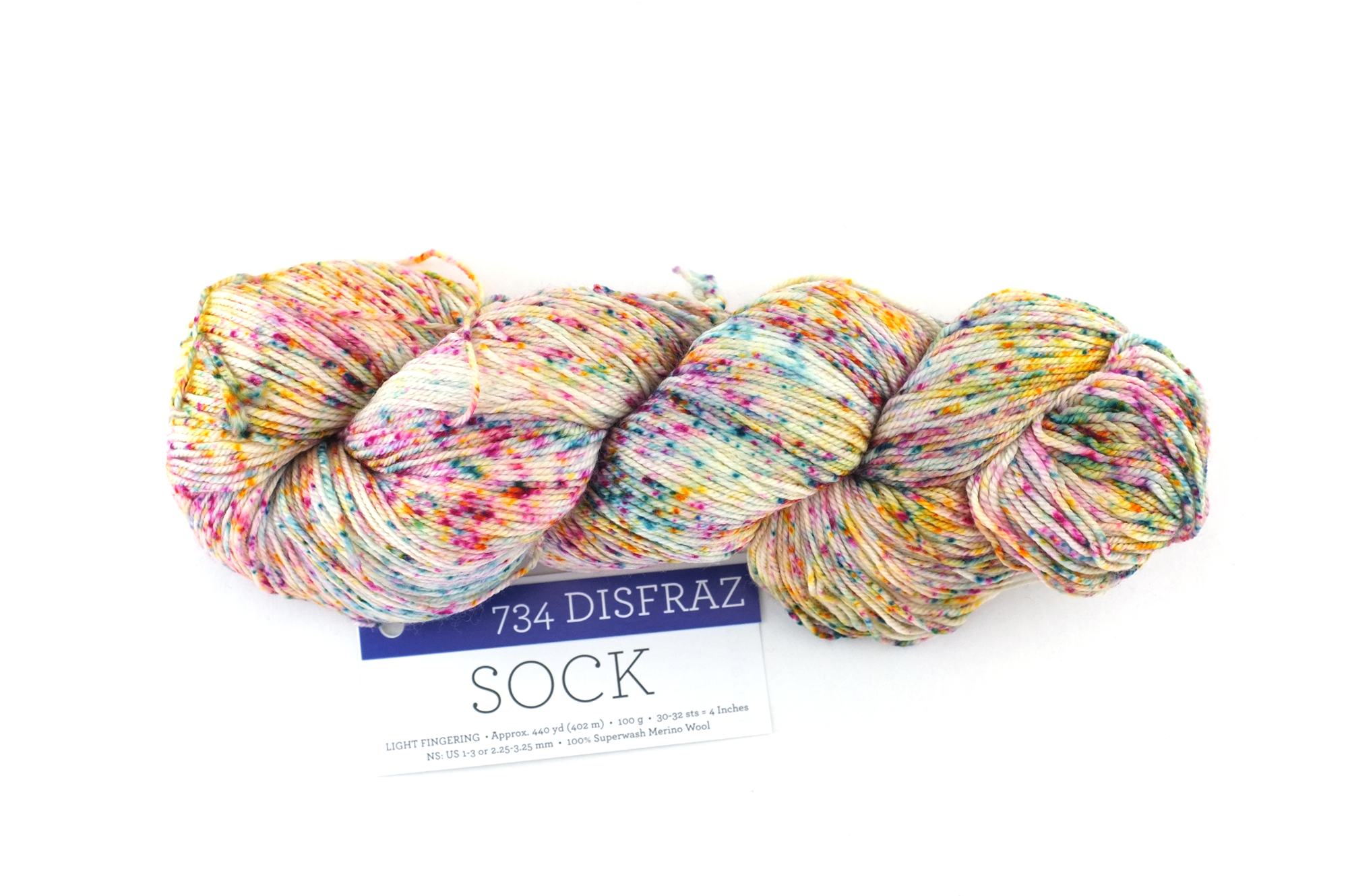 Malabrigo Sock merino yarn, color Disfraz, 734, speckle dyed