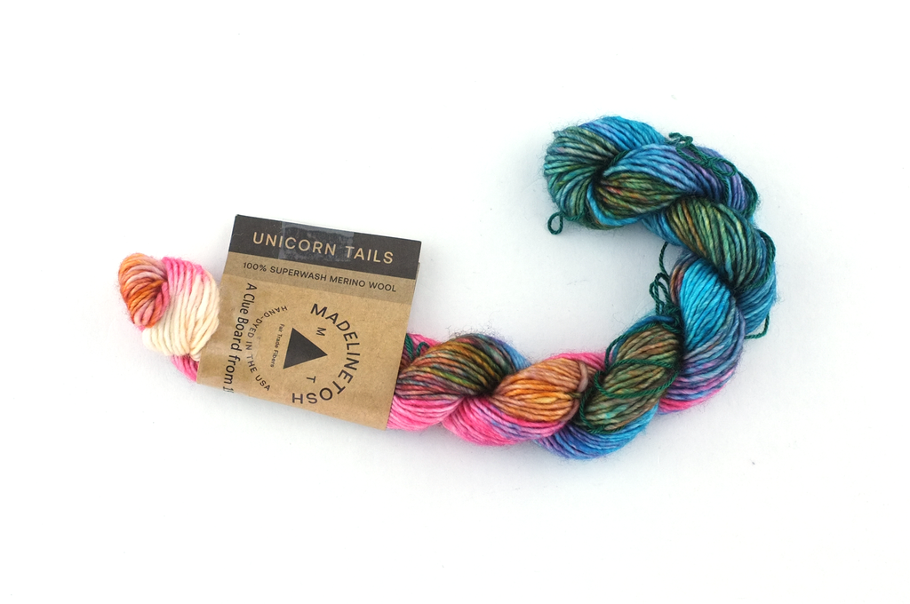 Unicorn Tails by Madeline Tosh, Clue Board, aqua, pink, superwash fingering mini-skein yarn