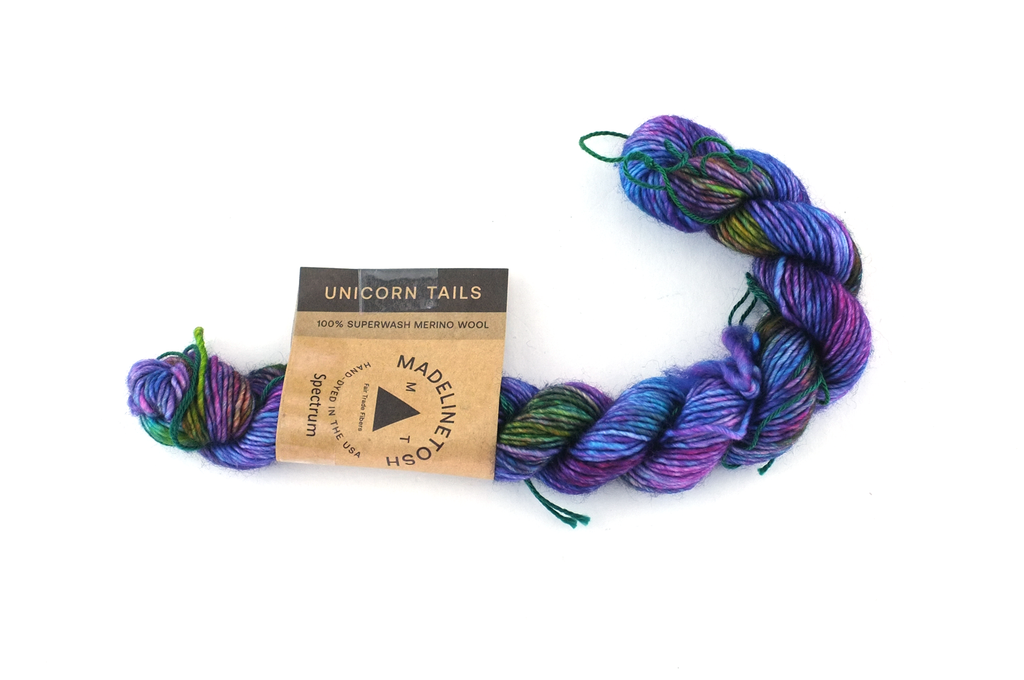 Unicorn Tails by Madeline Tosh, Spectrum, blue, green, superwash fingering mini-skein yarn