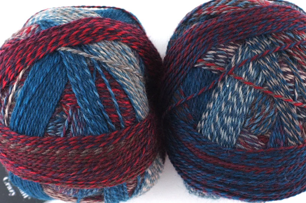 Crazy Zauberball, self striping sock yarn, color 1507 Autumn Wind, fingering weight yarn, teal, dark red from Purple Sage Yarns