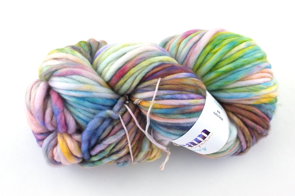 Savvy super bulky weight, color Milky Spite 608, pale rainbow, blues, lilac, yellow, teals, Dream in Color yarn from Purple Sage Yarns