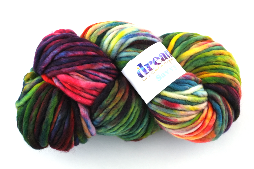 Savvy super bulky weight, color Anything Goes 903, red, green yellow, Dream in Color yarn from Purple Sage Yarns