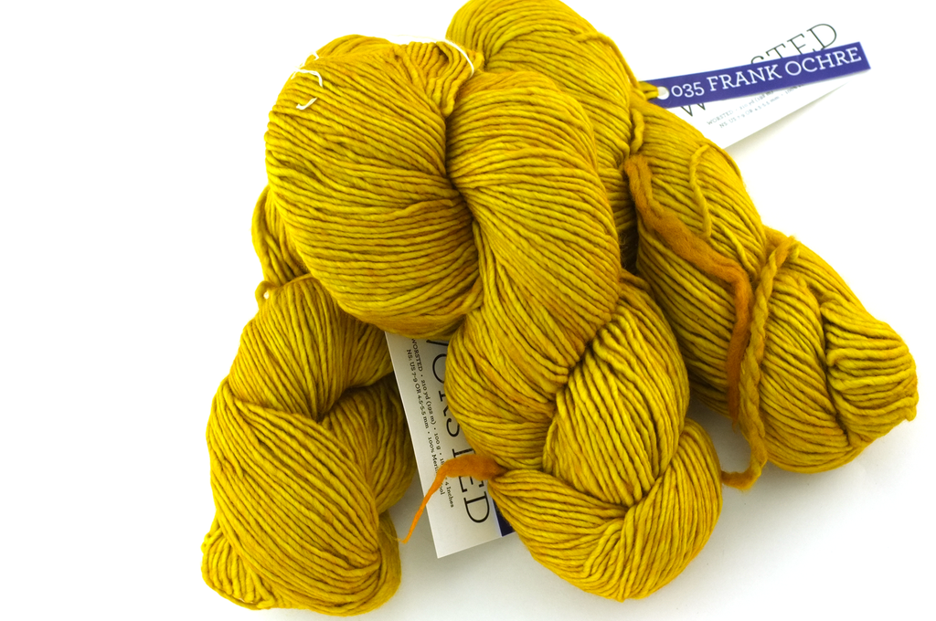 Malabrigo Worsted in color Frank Ochre, #035, Merino Wool Aran Weight Knitting Yarn, gorgeous ochre yellow - Purple Sage Yarns