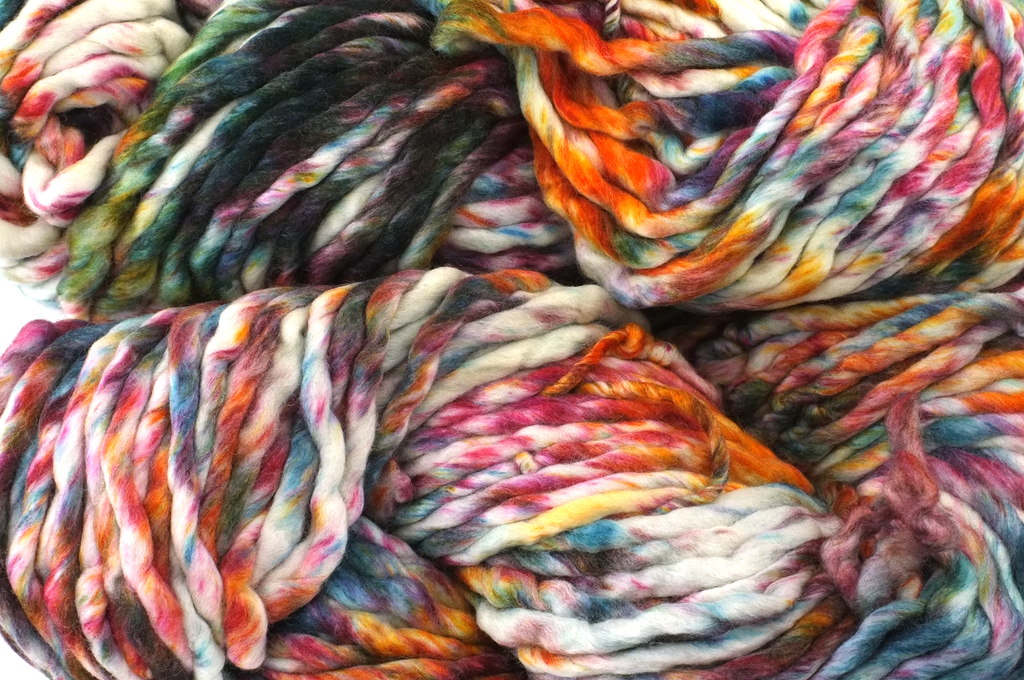 Malabrigo Rasta in color Molino, Super Bulky Merino Wool Knitting Yarn, red, indigo, forest, on off-white, #185 - Purple Sage Yarns