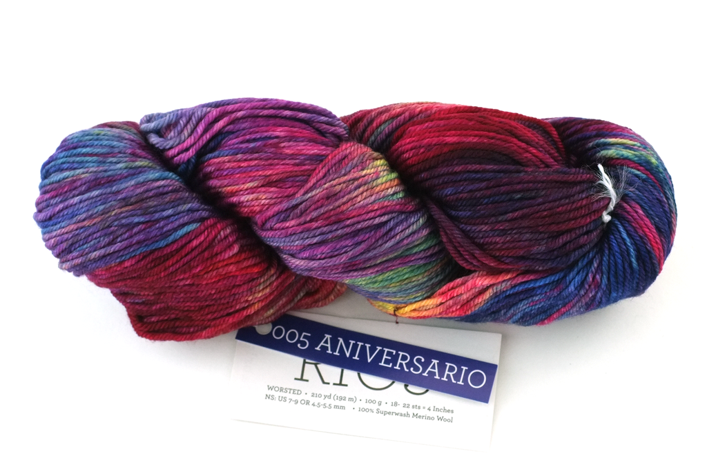 Malabrigo Rios in color Aniversario, merino wool worsted weight knitting yarn, red, purple, blue, #005 - Purple Sage Yarns